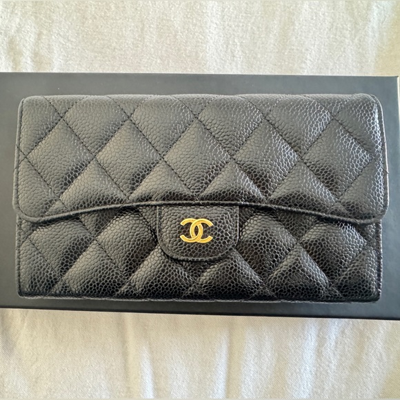 CHANEL Black Quilted Caviar Long Wallet